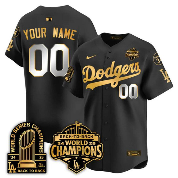 Men's Los Angeles Dodgers ACTIVE PLAYER Custom Black Gold 2025 World Series Champions 9x Champs Patch Vapor Limited Stitched Baseball Jersey Men's Los Angeles Dodgers ACTIVE PLAYER Custom Black Gold 2025 World Series Champions 9x Champs Patch Vapor Limited Stitched Baseball Jersey